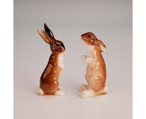 A charming pair of Royal Worcester bone china figurines featuring two seated hares: Hare Seated Ears Down model K38 and Hare 