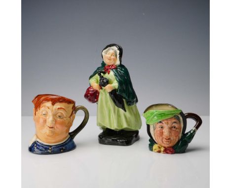 Collection of three Royal Doulton ceramic pieces, including the figurine Sairey Gamp HN 2100, based on the Dickens character,