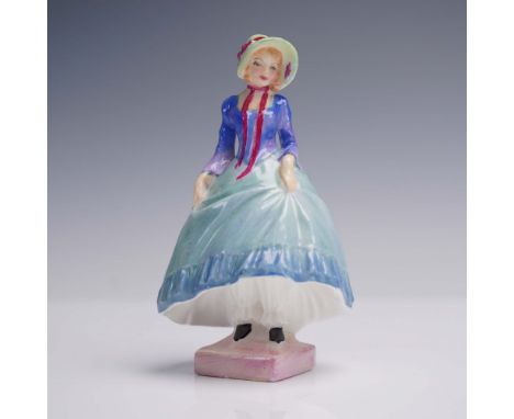 A mini bone china hand-painted figure portrays a young woman in period attire, including a pastel green bonnet with red ribbo