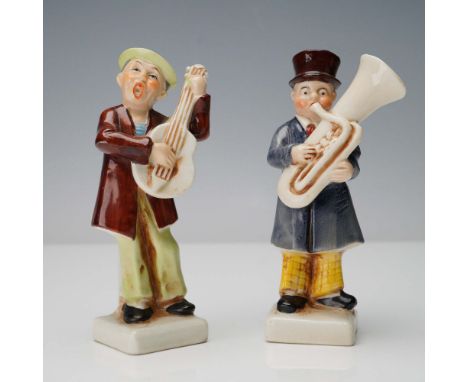 A charming pair of hand-painted porcelain musician figurines, each marked Made in Germany on the base with incised model numb