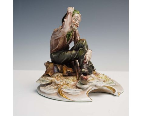 A whimsically expressive porcelain figurine by Italian artist Antonio Borsato, titled Foot Loose, featuring a seated vagabond