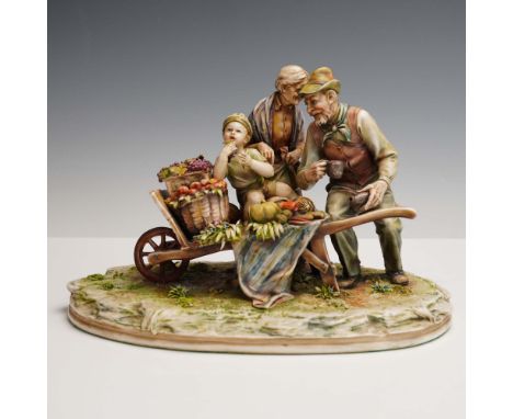 Crafted in Italy by the esteemed Borsato studio, this detailed Capodimonte-style porcelain figurine captures a lively market 