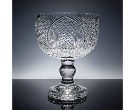 Elegant cut glass pedestal bowl by Royal Crystal Ltd of Waterford City, Ireland, featuring a diamond and starburst pattern wi