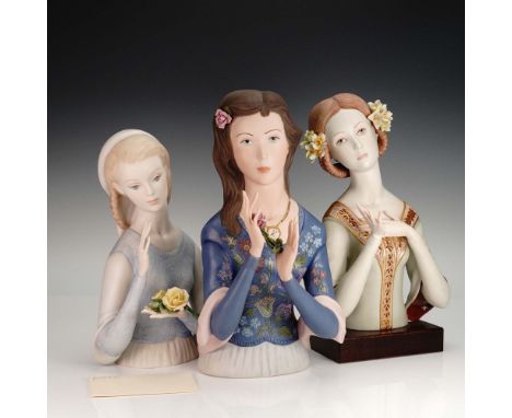 Set of three hand-painted porcelain bust figurines by Cybis and Ispanky, each featuring delicate floral details and serene ex