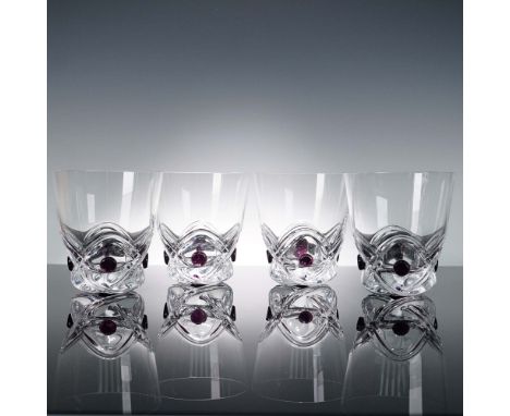 Set of four Lalique crystal tumblers from the Floride collection, each featuring the iconic Arch motif with deep purple caboc
