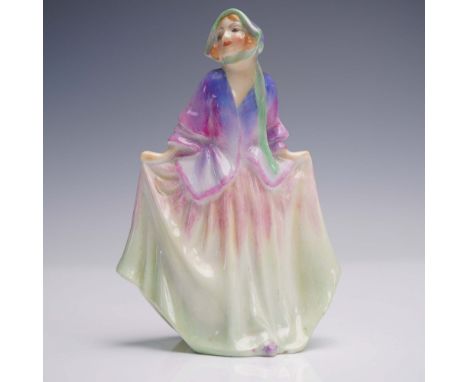 Hand-painted bone china miniature figurine features a young woman holding her flowing skirt in both hands, with a vivid color