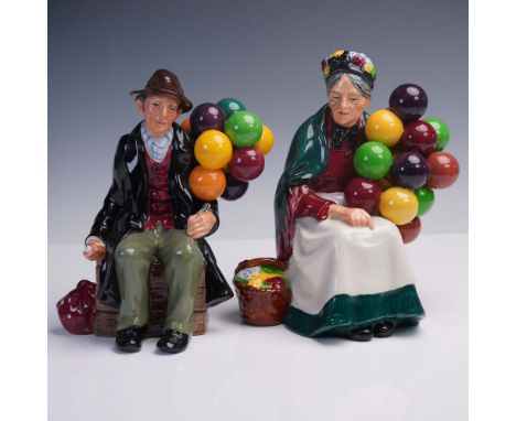Two Royal Doulton porcelain figurines designed by artist Leslie Harradine. The lot includes "The Old Balloon Seller" (HN1315)