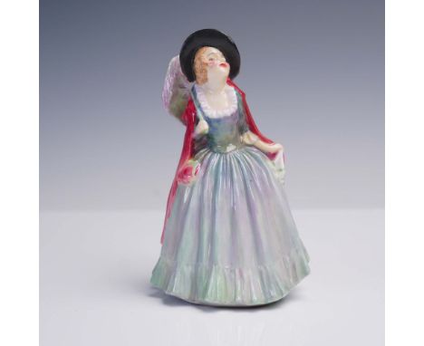 This Royal Doulton figurine titled Mirabel (model M18) captures a charming young woman in a windswept pose, wearing a full pa