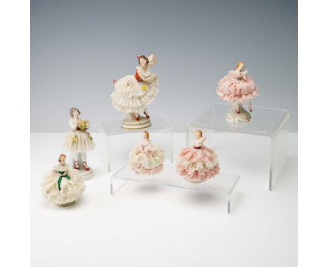 Attractive set of six hand painted porcelain figurines featuring delicate lace detailing and graceful poses, with each figure