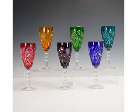 This exquisite set of six hand-cut lead crystal wine glasses from E&amp;R Golden Crown Crystal, made in West Germany, feature