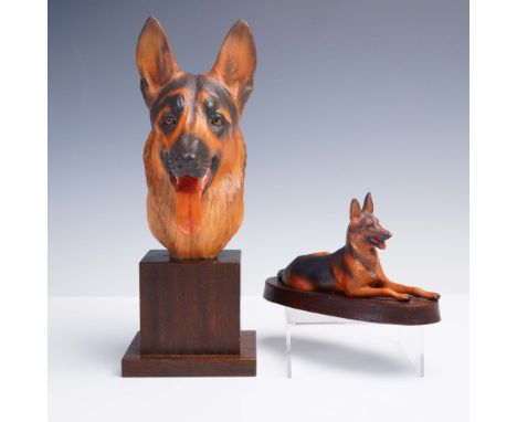 Charming pair of carved and painted German Shepherd sculptures by noted animal artist Helmut Diller for Anri of Italy. The lo