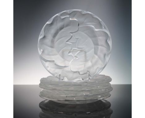 Set of five Lalique France frosted crystal plates featuring the iconic Chene oak leaf design. Each plate is crafted in clear 
