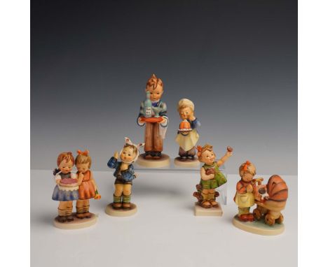Group of six figurines, each portraying delightful scenes of childhood centered around baking, sweets, and playful moments. I