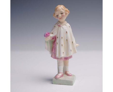 This porcelain miniature figurine depicts a young girl standing with a pink flower held delicately in her hand. She wears a w