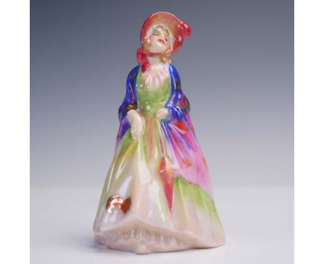 This hand-painted Royal Doulton bone china figurine, titled The Paisley Shawl, model M.4, showcases a seated lady in a vivid 