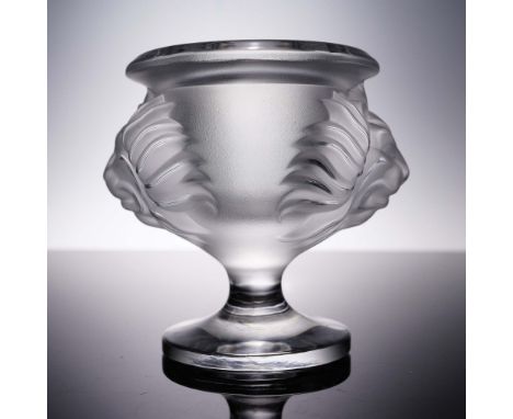 Lalique crystal vessel in the form of a pedestal-mounted lion head design, originally created as a table lighter. The frosted