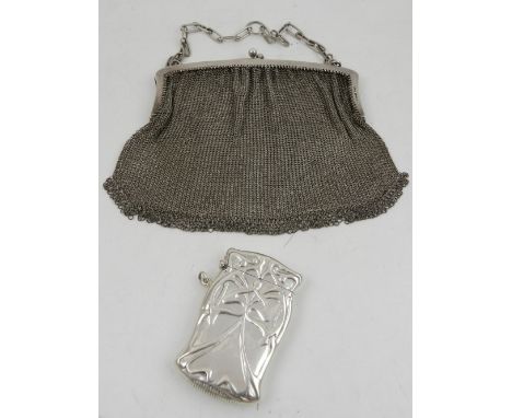 A ladies sterling silver mesh evening bag, bears markers mark for JB & Co, together with a sterling silver Art Nouveau style 