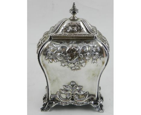 An 19th century Edward Aldridge silver tea caddy, of bombe rectangular form, decorated with scrolling foliage within gadroone