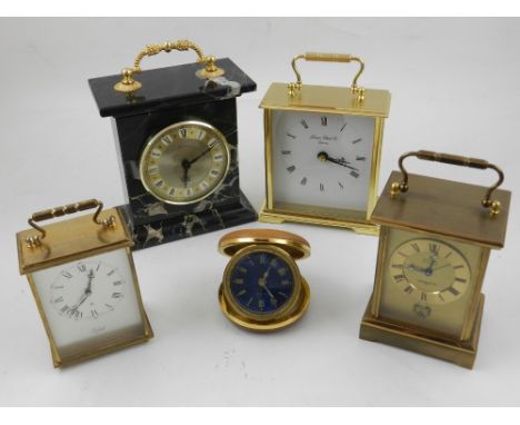 Three brass mounted carriage clocks, to include makers 'London Clock Co', 'CYMA', 'IMHOF', together with a marble bracket clo
