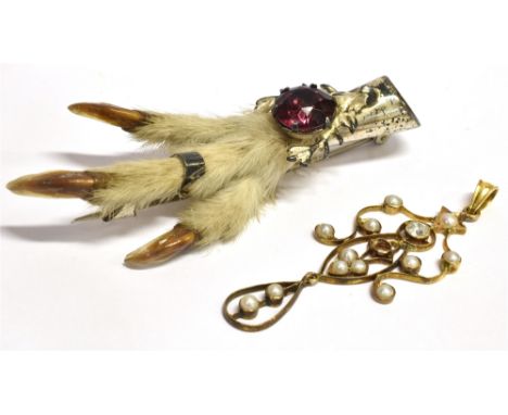 TWO ITEMS OF JEWELLERY  an art nouveau diamond and seed pearl pendant piece, set in yellow metal, one seed pearl missing, the