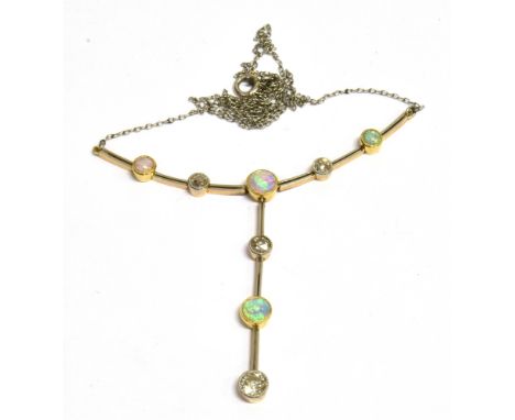 AN OLD CUT DIAMOND AND OPAL LAVELIERE NECKLACE The necklace set with four old cut diamonds and four precious opals, diamond m