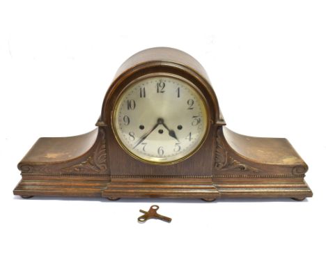 A VERY LARGE OAK CASED WESTMINSTER CHIME MANTLE CLOCK  with 8-day Junghans movement, 70cm wide Condition Report : complete wi