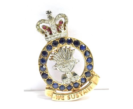 A 9CT GOLD, DIAMOND, SAPPHIRE AND RUBY ARMY CATERING CORPS BROOCH  'We sustain', the brooch with 375 hallmark crown detail wi