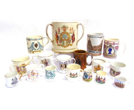 SEVENTEEN ASSORTED MUGS  comprising a large three-handled mug, with transfer-printed Boer War decoration, 20.5cm high (two ha