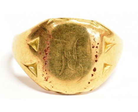 AN 18CT GOLD SIGNET RING  the ring with worn monogrammed bezel, faded 18ct hallmark, ring size S, weight 6.4grams