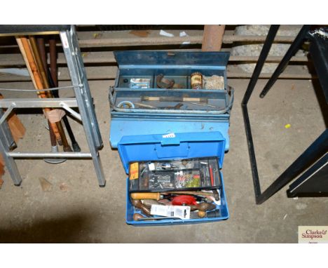 A metal cantilever tool box and contents of tools; and a small plastic tool box and contents of hand tools and fittings 