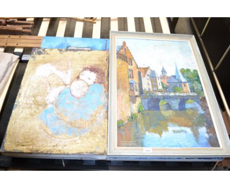 B A Balcombe, oil on board "The Mill Gate" signed and dates 1975; an abstract oil study of a mother and child and another abs