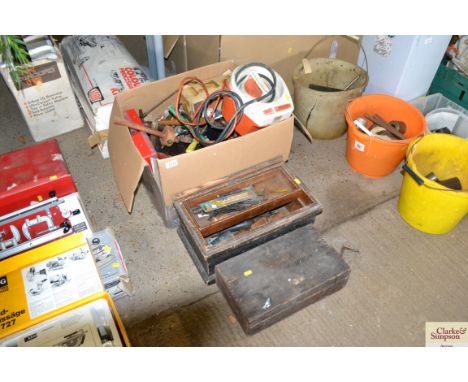 Two wooden boxes and a box containing various hand tools, Black and Decker air compressor etc.