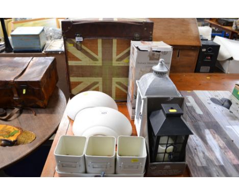 Three Burgan and Ball herb pots, two wall lights, indoor lantern and another lantern