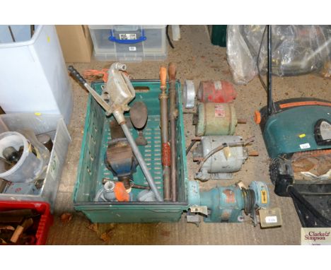 A Record number 8 bench vice, shoe last, two brass sprayers, bench grinder and three motors