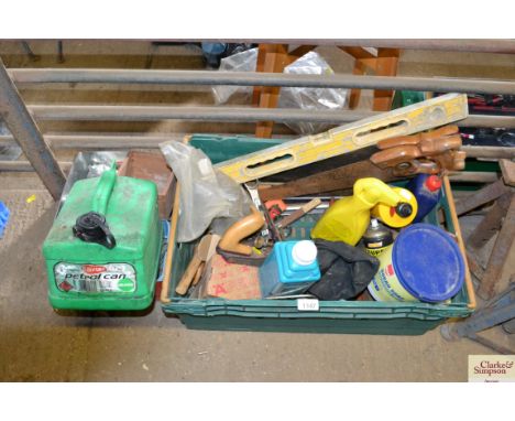 Two boxes containing various hand tools; fittings; petrol can; hand saws; a wood working plane etc