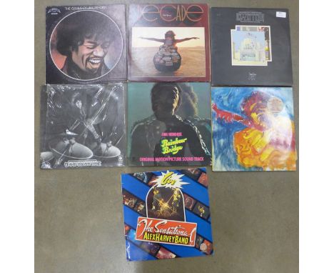 1970s rock LP records, Led Zeppelin, Jimi Hendrix, Neil Young, The Sensational Alex Harvey Band and Pavlov's Dog, (7) 