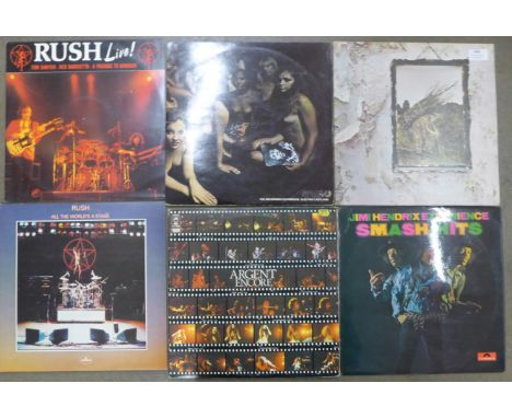 1970s/1980's rock LP records, Led Zeppelin, The Jimi Hendrix Experience, (Electric Ladyland), Rush and Argent, (6) 