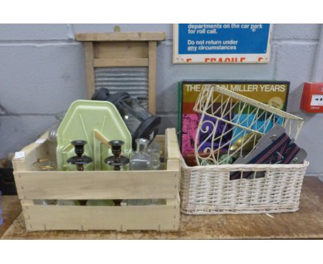 Three box sets of LPs, The Swing Era and The Glenn Miller years, a wash board, a pair of wooden candlesticks with metal tops,
