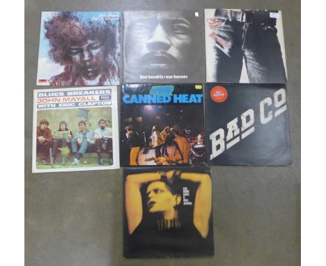 1970s/80s rock LP records, The Rolling Stones (Sticky Fingers small zip cover), Jimi Hendrix, Bad Company, John Mayall, Lou R