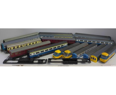 A collection of OO gauge coaches, engine bodies, etc., including Hornby 