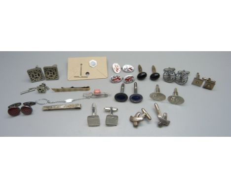 Three pairs of silver and enamel cufflinks, seven other pairs of silver cufflinks, three silver tie clips and two silver tie 