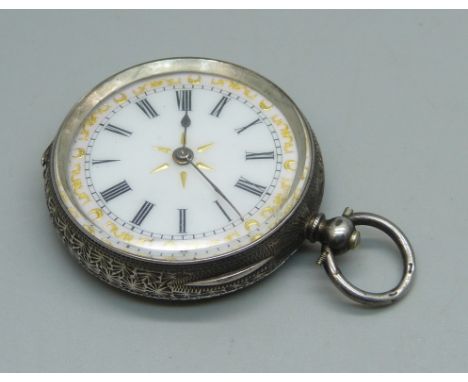 A lady's .935 silver fob watch with enamel dial, inscription to inner case back 
