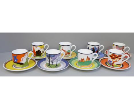 A set of eight Wedgwood Bradford Exchange coffee cans and saucers, Centenary of Clarice Cliff 