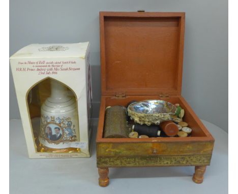 Assorted items including sewing equipment in an Eastern style box and a Bells Scotch whisky decanter with contents 