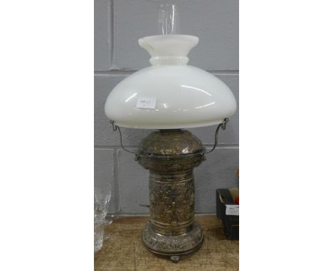 An American Wanzer silver plated table lamp, with funnel and opaque glass shade, small chip to shade **PLEASE NOTE THIS LOT I