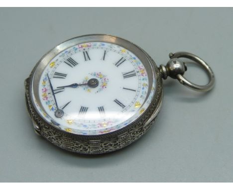 A lady's .935 silver fob watch with enamel dial, one hand loose 