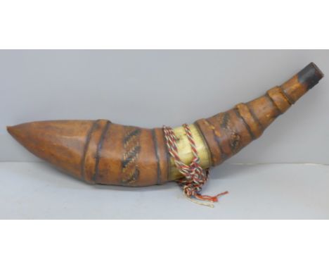 A Dahomey Amazons women warrior horn and leather powder flask, mid/late 1800s 