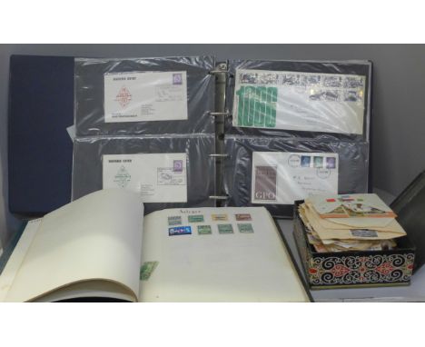 A collection of stamps including first day covers, loose stamps and a sheet of Battle of Hastings stamps 