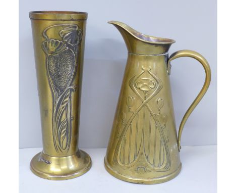 An Art Nouveau small brass pitcher and a brass vase, 22cm 