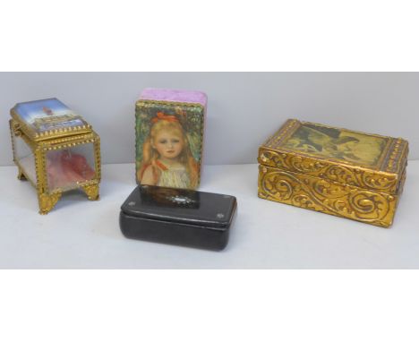 A papier mache snuff box set with abalone, a small gilt metal jewellery casket and two other boxes 